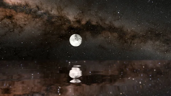 Pleine Lune Réflexion Sur Une Mer Avec Galaxie Voie Lactée Images De Stock Libres De Droits