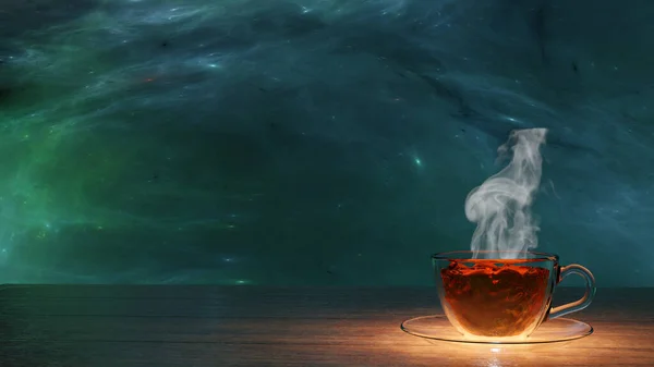 Çay ve beyaz buharı, arka planda mavi yeşil nebula bulunan ahşap bir masanın üzerinde cam bir bardakta.)