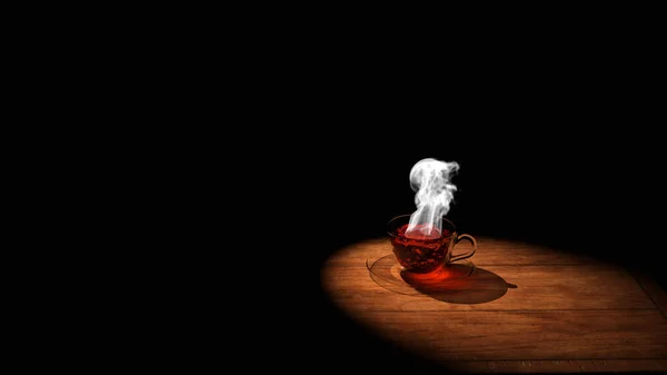 Sıcak buharı ile şeffaf bir çay bardağını ahşap bir masanın üzerine ışık tutarken görüldü (3D görüntüleme)
