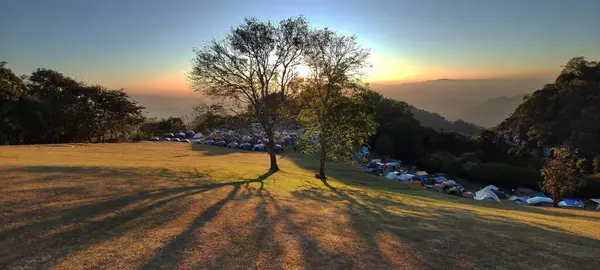 Set of tent in a Thailand national park with sunrise sky