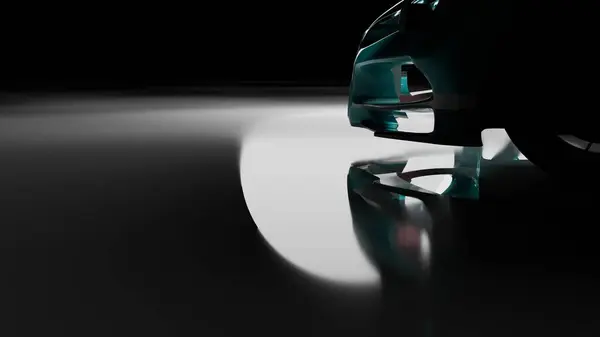 Mavi yeşil modern bir araba ve koyu arkaplan ile ıslak su birikintisi zeminine yansıyor (3D görüntüleme)