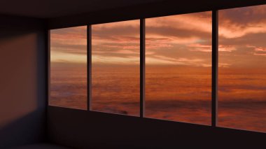 Ufukta gün batımı olan bir pencere.
