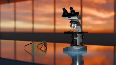 Arkaplanda gün batımının bulanık olduğu bir laboratuvar masasında mikroskop ve bir göz kalkanı (3D görüntüleme))