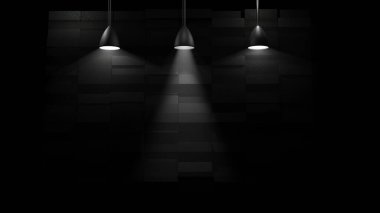 Dikdörtgen tuğla duvarı aydınlatan 3 antik ışık lambası (3D görüntüleme))