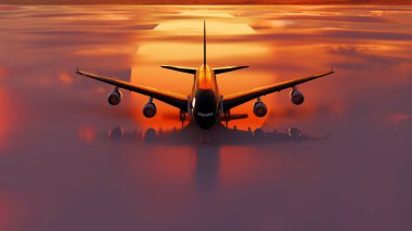 Günbatımı yansıması olan ıslak bir takside bir jet vardır (3D görüntüleme)