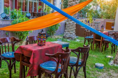 Ramazan çadırı dekorasyon fotoğrafçılığı, fotoğraf seçici odak alan derinliği sığ. Kahire Mısır 'da çekildi