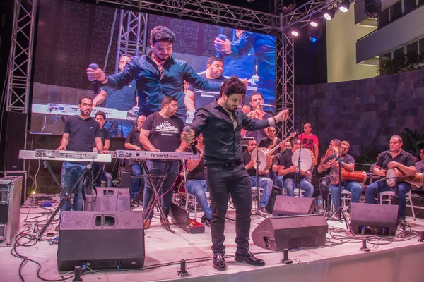 ラマダーンの音楽番組 歌手ムスタファ ハガグとステージ上の音楽バンド 写真は被写界深度が浅い選択焦点です 2018年5月22日カイロエジプトで撮影 — ストック写真