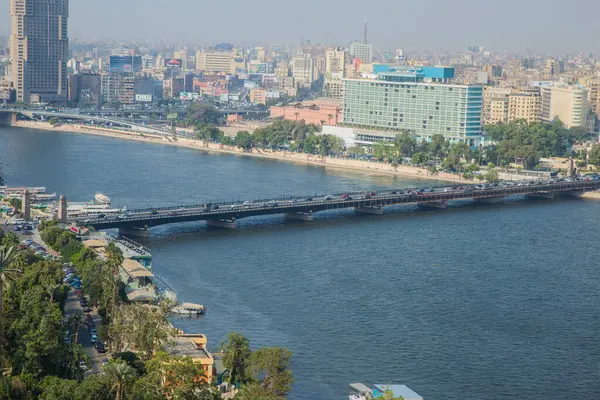 stock image Top angle view of Zamalek neighborhood, Cairo downtown, showing green landscape, Cairo Tower, Cairo Opera House, Al Ahly Club, River Nile, shot is selective focus with shallow depth of field, Egypt