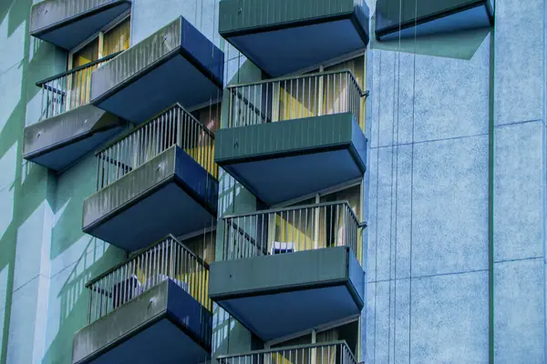 stock image Balcony view, urban city. Shot of a modern high Blue building veranda at Cairo Egypt, photo is selective focus with shallow depth of field