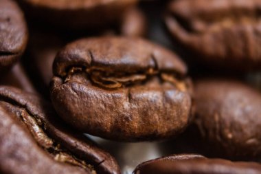 Makro fotoğrafçılık Kahve çekirdekleri, kahverengi fasulye, arabika ve robusta, cafe, kafein, beyaz arka plan, tazelik, çekim, sığ alan derinliği ile seçici odak Kahire Mısır 'da çekilmiş
