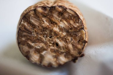 Beyaz arka planda izole edilmiş makro yiyecek fotoğrafçılığı, dilimlenmiş doğal kuru hindistan cevizi, sağlıklı vejetaryen aryen araromatik baharat, seçici odak, sığ alan derinliği, Kahire Mısır 'da çekilen çekim.