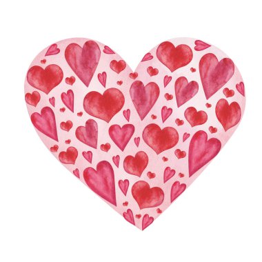 Beyazlara izole edilmiş küçük kalplerden elde yapılan suluboya çizimler. Doğum günü kartpostalı için el işi sanat tasarımı öğesi, düğün davetiyesi. Sevgililer Günü için aşk kartı