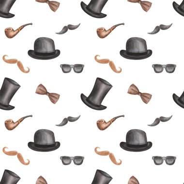 Elle boyanmış siyah gözlük, bıyık, melon şapka, papyon, sigara piposu. Kumaş tekstili ve kartvizitler için beyaz arkaplan üzerine yazdır