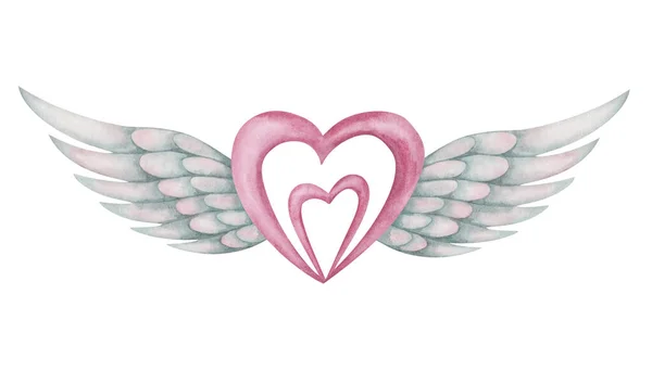 Watercolor Illustration Hand Painted Pink Heart Grey Bird Spread Wing — Stock fotografie
