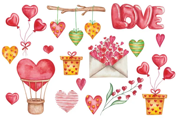 Aquarell Illustration Von Handbemalten Roten Heißluftballon Liebeswort Herzen Umschlag Geschenkbox — Stockfoto