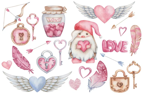 Watercolor Illustration Hand Painted Gnome Dwarf Hearts Jam Jar Key — Stock Photo, Image