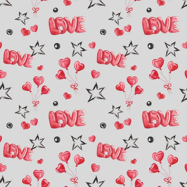 Watercolor seamless pattern from hand painted illustration of red handwritten word Love, heart air balloons, black stars. Print on grey background for fabric, textile. Love card for Valentine's Day