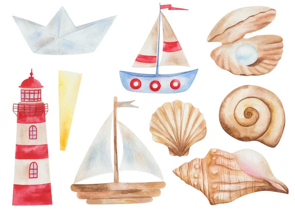 Акварель Иллюстрация Ручной Росписи Парусного Судна Деревянная Лодка Голубая Оригами — стоковое фото