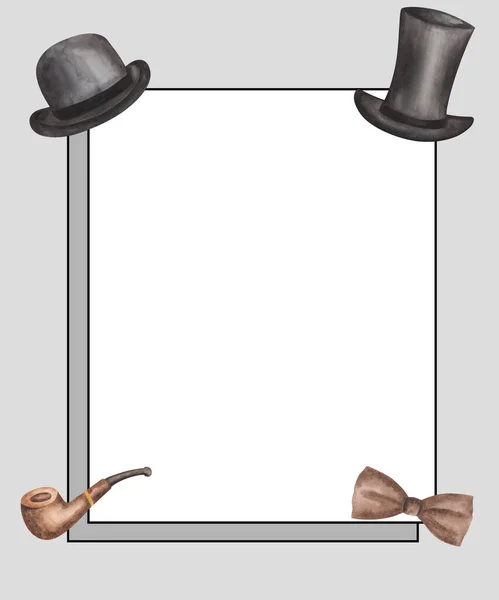 手の水彩画のイラストは 黒のボウラー トップ帽子 紳士シリンダー 高帽子 茶色の蝶ネクタイ 喫煙パイプを描いた 男性用アクセサリー グリーティングポストカードのための空白のテンプレートフレーム 招待カード — ストック写真
