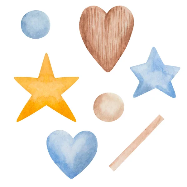 Aquarell Illustration Handbemalter Herzen Sterne Punkte Blauen Braunen Und Gelben — Stockfoto