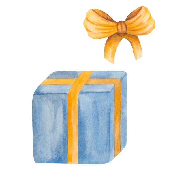 Akwarela Ilustracja Ręcznie Malowane Niebieskie Pudełko Koronki Złoty Żółty Łuk — Zdjęcie stockowe