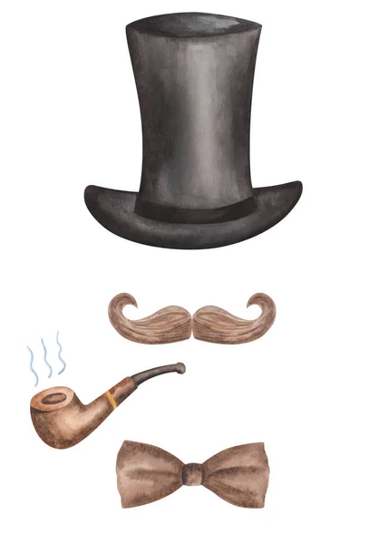 Akvarell Illustration Handmålad Svart Lång Hatt Brun Rökning Pipa Fluga — Stockfoto