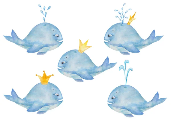 Акварельная Иллюстрация Ручной Росписи Голубого Кита Золотых Корон Брызг Воды — стоковое фото