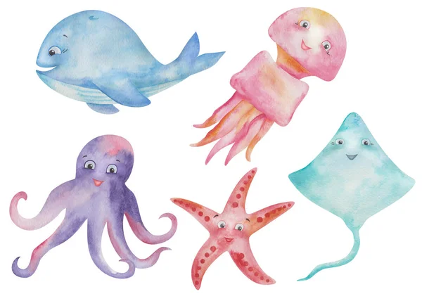 Watercolor Illustration Hand Painted Cartoon Characters Octopus Whale Star Fish — стоковое фото