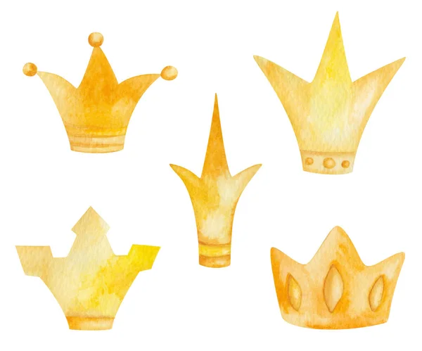 Watercolor Illustration Hand Painted Golden Crowns Queens Kings Royal Jewelry — Stock Fotó