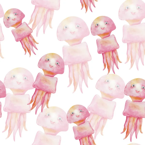 Watercolor seamless pattern from hand painted illustration of pink jellyfish. Cartoon character fish with face, smile. Sea animal creature, ocean life. Print on white background for fabric textile