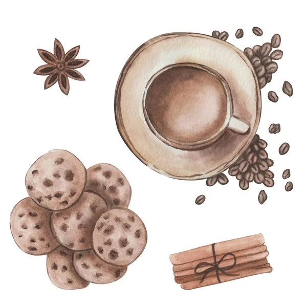 水彩画手绘咖啡杯 卡布奇诺 烤咖啡豆 肉桂香料棒 茴香八角星 用于印刷品 图案制作的孤立剪贴画 — 图库照片