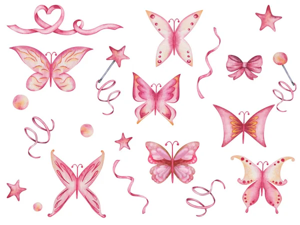 Aquarell Illustration Eines Handgemalten Rosa Gelben Schmetterlings Mit Ausgebreiteten Flügeln — Stockfoto