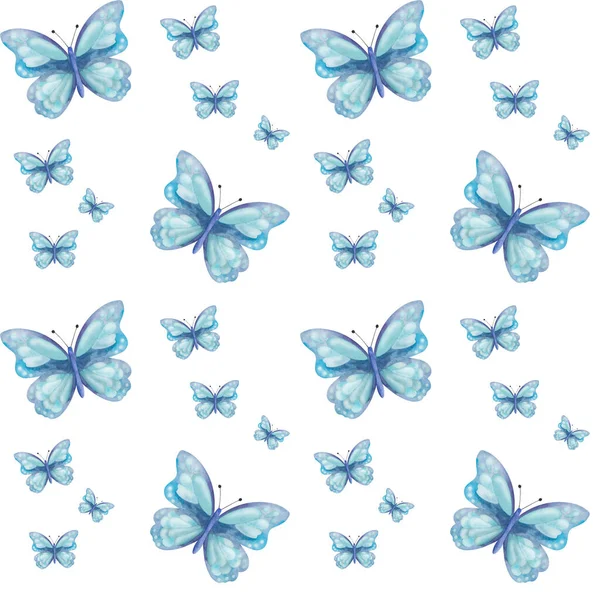 拡散翼を持つ青い蝶の手描きイラストから水彩シームレスパターン 空飛ぶ虫蛾 シンプルな柔らかいプリント上の白い背景用生地テキスタイル ポストカード — ストック写真