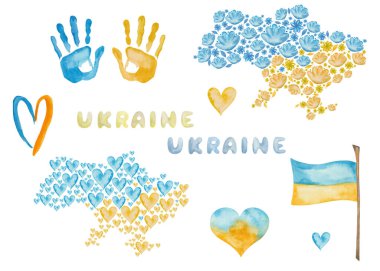 Ukrayna 'nın elle boyanmış haritası, bayrak, çiçekler, kalpler, mavi ve sarı el izleri, el yazısıyla yazılmış kelimeler. Ukrayna bayrağının renkleri. Bağımsızlık Günü posteri için izole klip sanatı