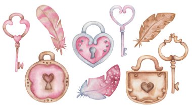 Elle boyanmış anahtarın suluboya çizimi, kalp ve tüy tüylü asma kilit. Doğum günü kartpostalı ve düğün davetiyesi için beyaz ataç tasarım elementlerine izole edilmiş. Sevgililer Günü için aşk kartı