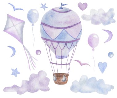 Suluboya el boyası renkli pembe hava balonları, uçurtmalar, kuşlar, kalpler, yıldızlar, beyazda izole bulutlar. Çocuklar için klip sanatı öğeleri, doğum günü kutlaması, davetiye kartpostalları, tasarım
