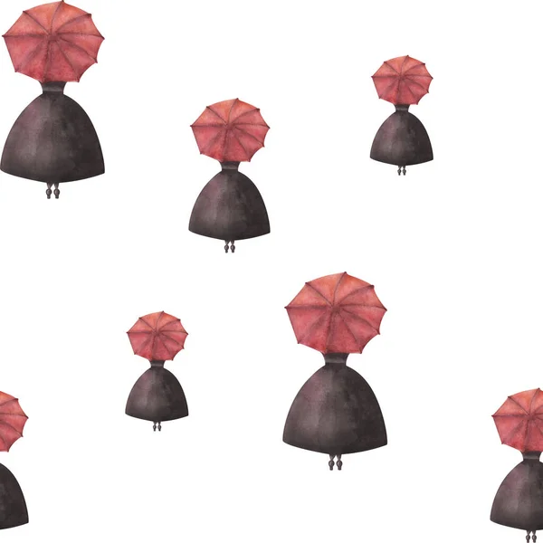 Watercolor seamless pattern from hand painted illustration of woman in black dress with open red umbrella, long skirt, standing or walking. Print on white background for design cards, fashion textile