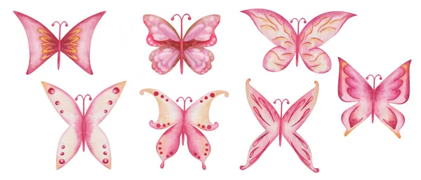 手の水彩画のイラストは 広がった翼とピンク 黄色の蝶を描いた 自然の中で虫蛾を飛んでいます はがき 表面パターン作り ポスターのための白いクリップアート要素に分離 — ストック写真