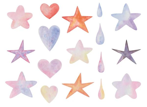 Watercolor hand painted colorful stars, hearts, water rain drops isolated on white. Red, blue, orange, yellow, pink, purple, black clip art elements for wedding and party design invitation, postcards