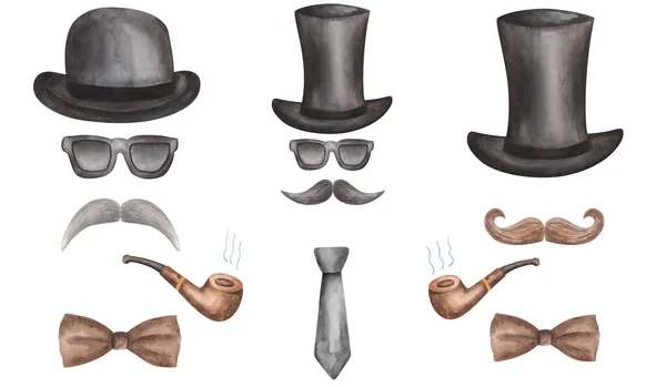 Akvarell Illustration Handmålade Uppsättning Män Silhuetter Från Glasögon Mustascher Bowlare — Stockfoto