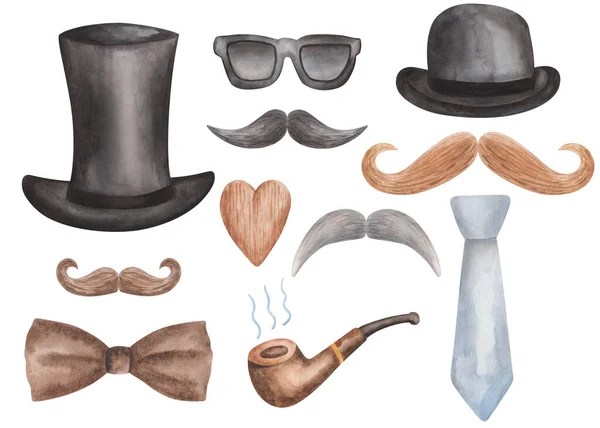 Akvarell Illustration Handmålad Lång Gentleman Hatt Bowlare Mustascher Rökning Pipa — Stockfoto