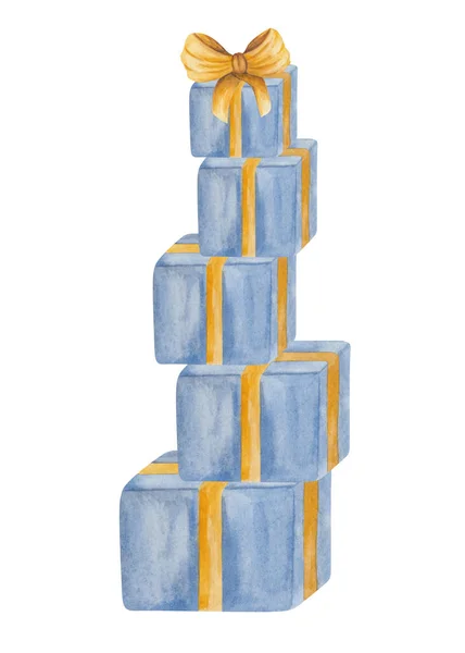 Akwarela Ilustracja Ręcznie Malowane Niebieskie Pudełka Upominkowe Złotym Żółtym Łukiem — Zdjęcie stockowe