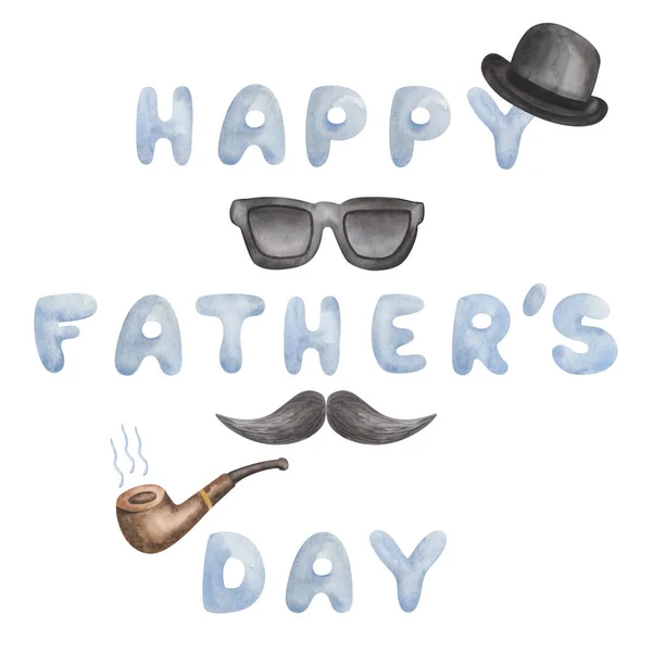 Akwarelowa Ilustracja Ręcznie Malowanej Niebieskiej Litery Happy Father Day Czarnej — Zdjęcie stockowe