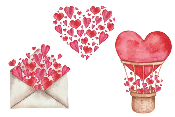 Ilustração Aquarela Balão Quente Vermelho Pintado Mão Forma Coração Envelope — Fotografia de Stock