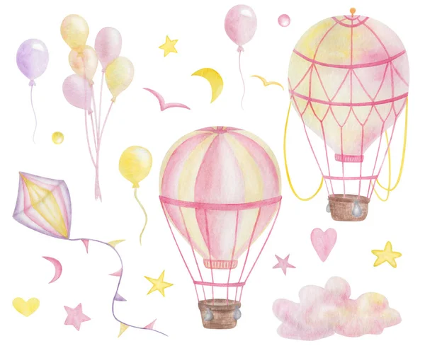 Watercolor illustration of hand painted yellow pink hot air balloons, kite, birds, hearts, stars, clouds isolated on white. Clip art set of elements for children birthday postcards, invitation cards