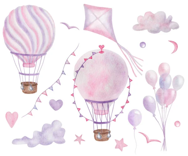 Watercolor hand painted colorful pink purple air balloons, kites, birds, hearts, stars, clouds isolated on white. Clip art elements for children, birthday celebration, invitation postcards, design