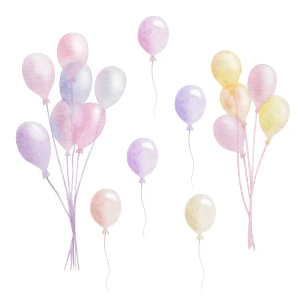 水彩画手绘氦气气球的水彩画 色彩鲜艳 白色孤立 儿童生日明信片 婚宴请柬的剪贴艺术系列 — 图库照片