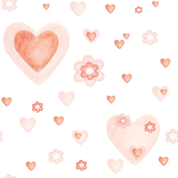 Watercolor seamless pattern from hand painted illustration of orange brown hearts, simple flowers on white background. Design print for birthday greeting, wedding invitation. Valentine\'s Day love card