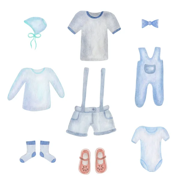 Akwarelowa Ilustracja Ręcznie Malowanych Ubrań Dla Maluszka Chłopczyku Niebieskie Szorty — Zdjęcie stockowe