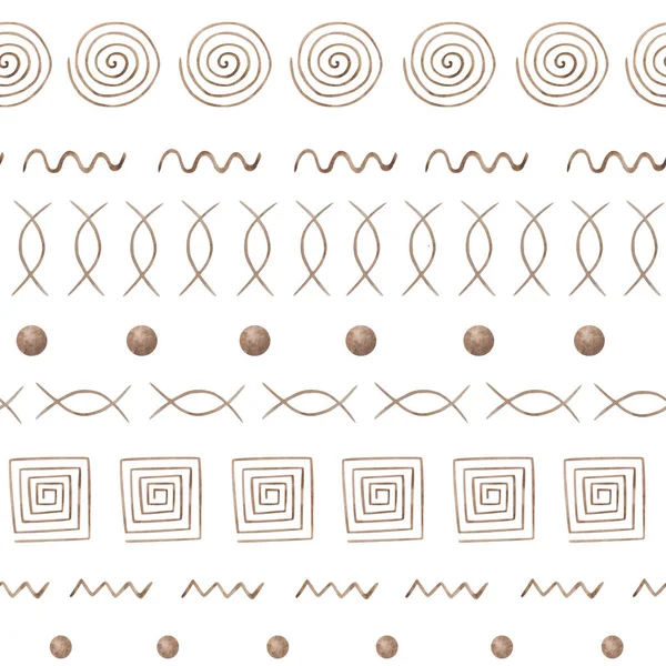 水彩画图案从手绘图解抽象装饰褐色圆点 正方形 锯齿形白色背景 埃及风格的室内设计印刷品 纺织品 — 图库照片